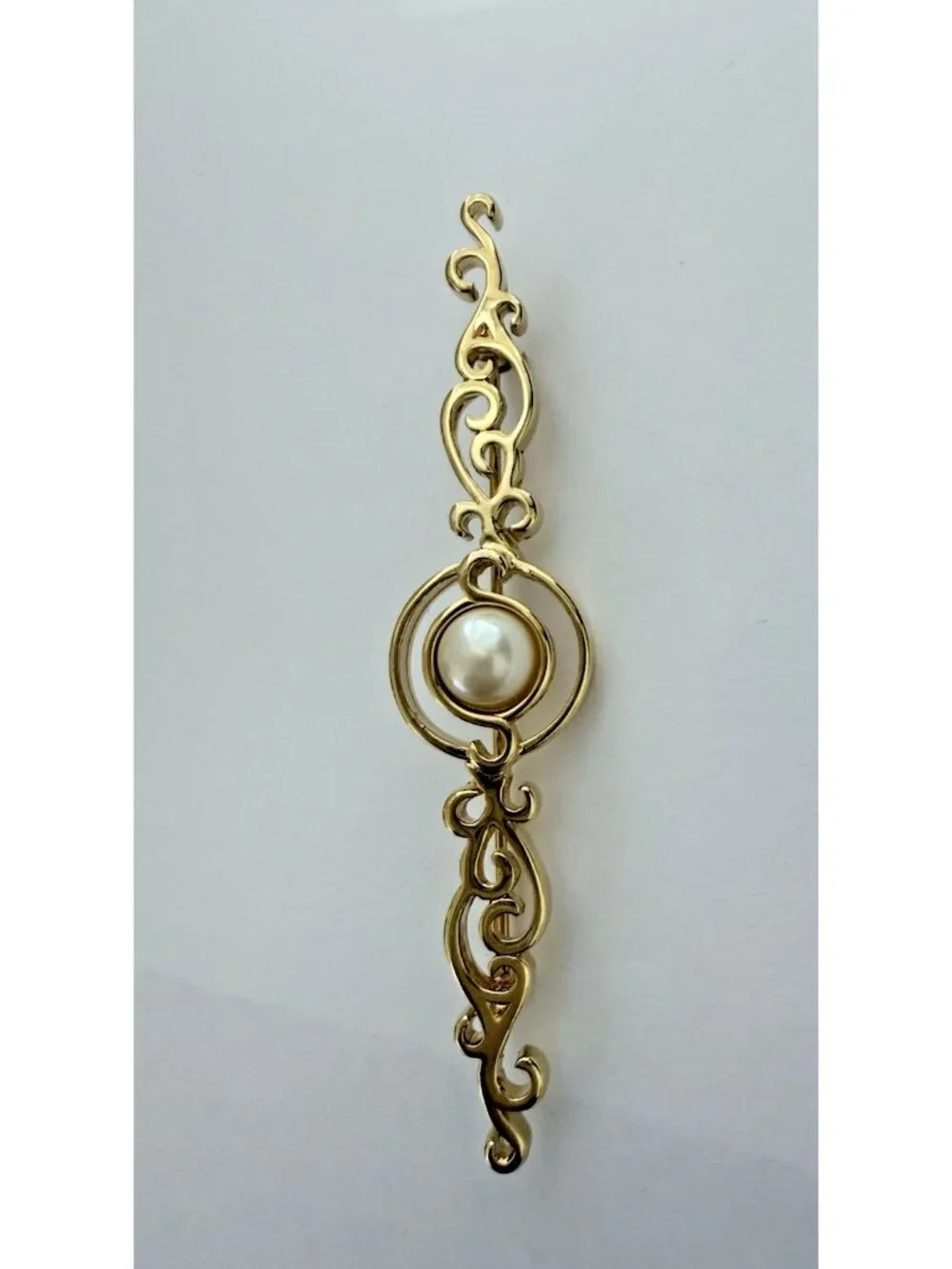 Vintage Monet Scrollwork Brooch Bar Pin Ornate Curls Gold Tone Faux Pearl Signed